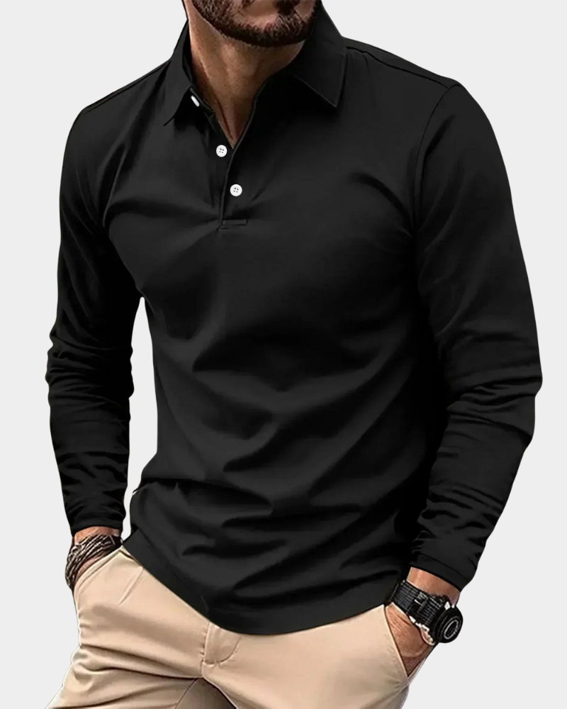 Men's Long-Sleeved Polo Shirt with Classic Collar and Fitted Cut | L&S - 2 - London-stylehouse.com