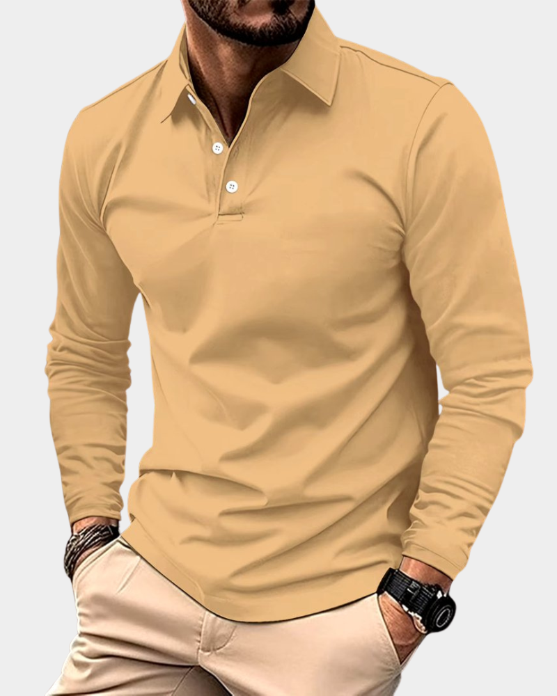 Men's Long-Sleeved Polo Shirt with Classic Collar and Fitted Cut | L&S - 5 - London-stylehouse.com