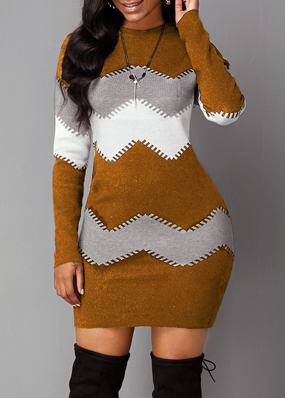 Women’s dress with a figure-hugging fit and chevron design | L&S - 4 - London-stylehouse.com