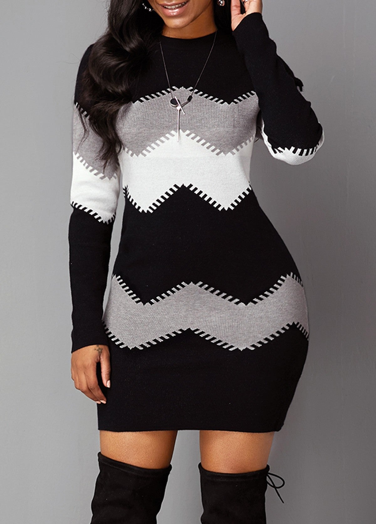 Women’s dress with a figure-hugging fit and chevron design | L&S - 5 - London-stylehouse.com