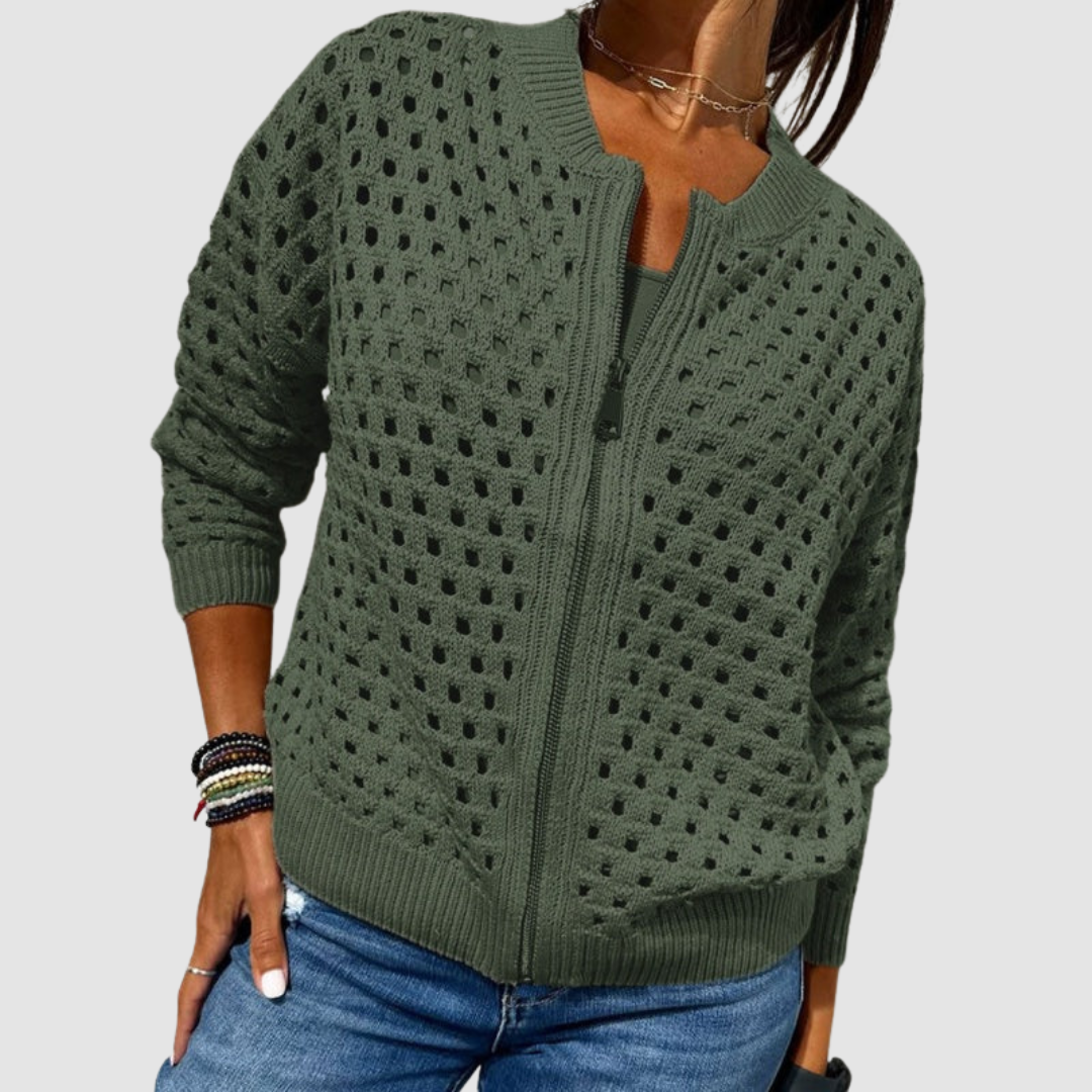 J&B Women’s Zip-Up Cardigan with Open Ajour Design | L&S - 3 - London-stylehouse.com