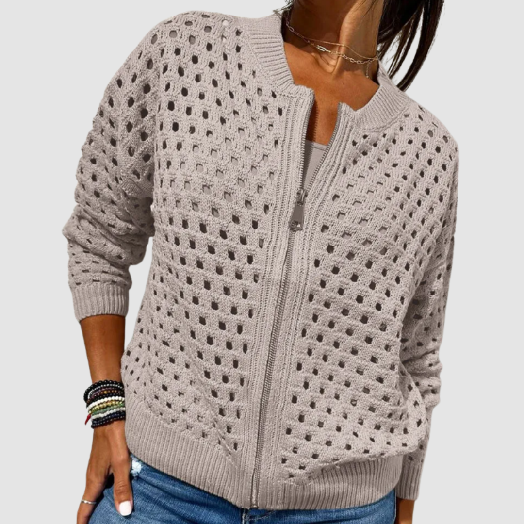 J&B Women’s Zip-Up Cardigan with Open Ajour Design | L&S - 4 - London-stylehouse.com