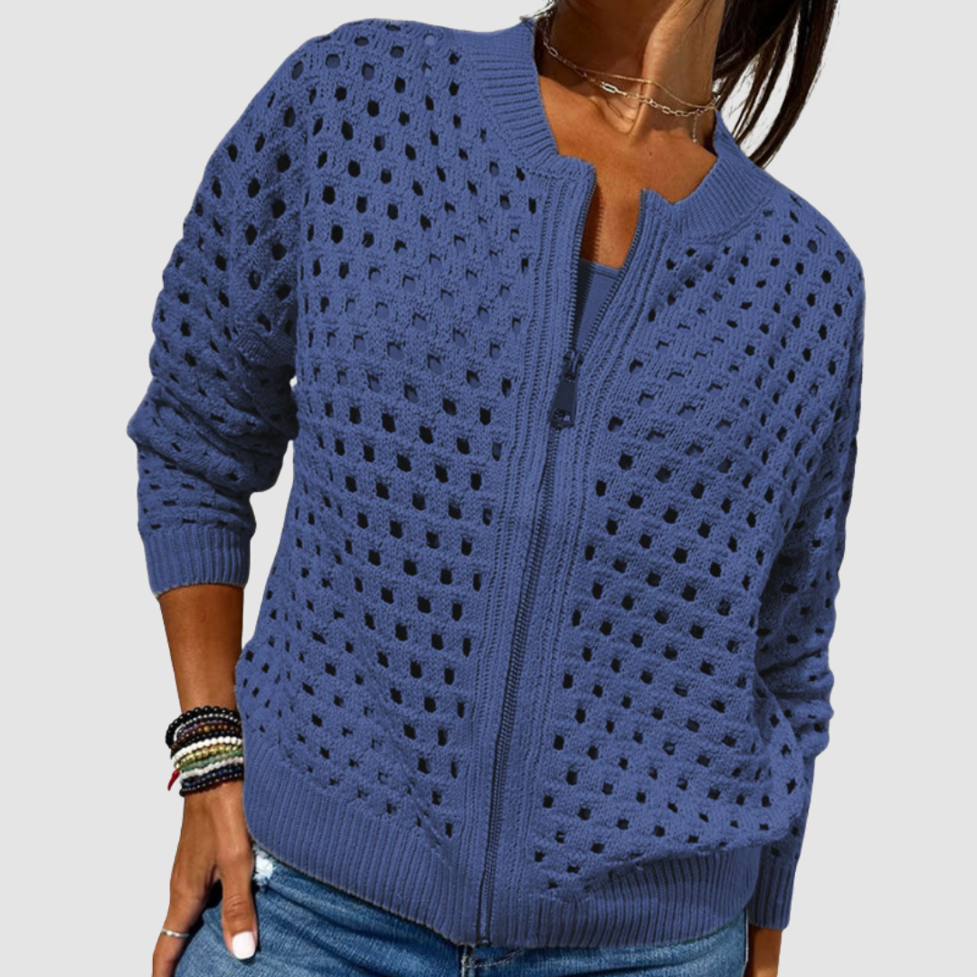 J&B Women’s Zip-Up Cardigan with Open Ajour Design | L&S - 5 - London-stylehouse.com