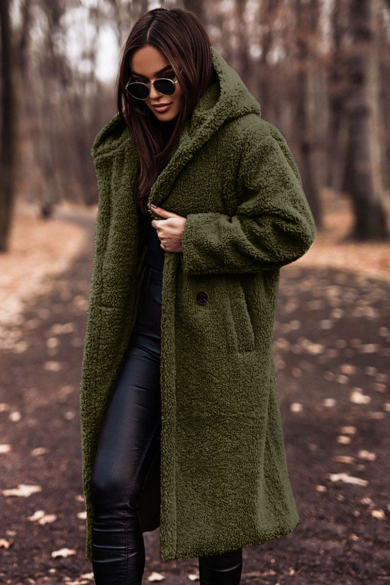 Damen Teddy Wintermantel mit Kapuze und langem Schnitt | A&B - 1 - Annoboutique