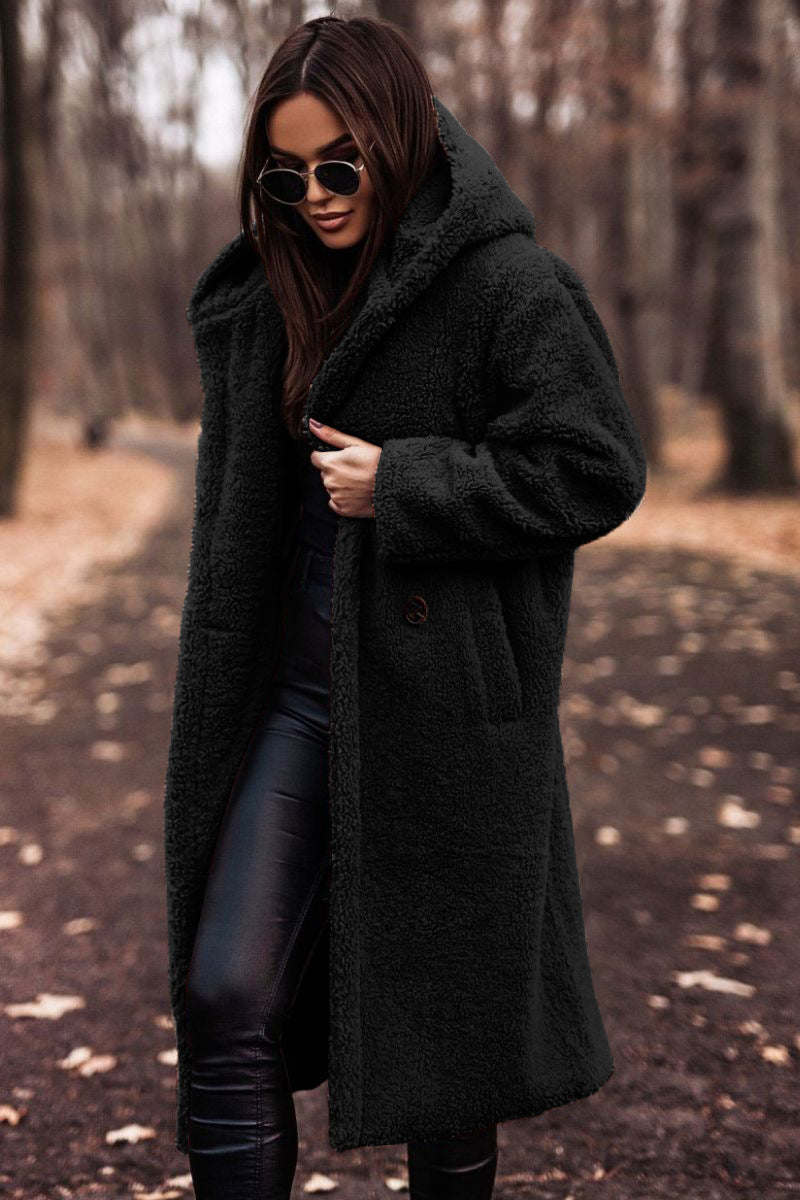 Damen Teddy Wintermantel mit Kapuze und langem Schnitt | A&B - 2 - Annoboutique
