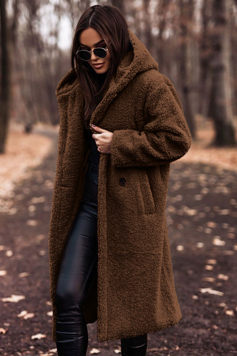 Damen Teddy Wintermantel mit Kapuze und langem Schnitt | A&B - 3 - Annoboutique