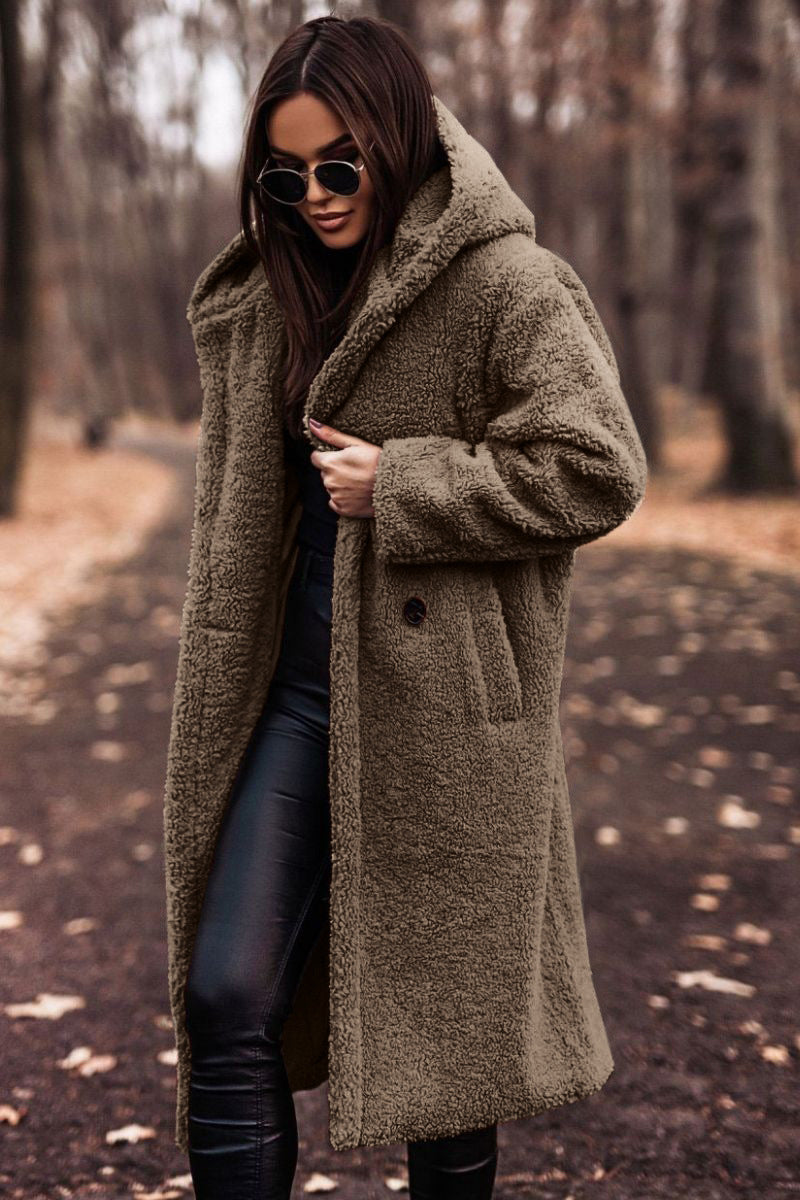 Damen Teddy Wintermantel mit Kapuze und langem Schnitt | A&B - 4 - Annoboutique