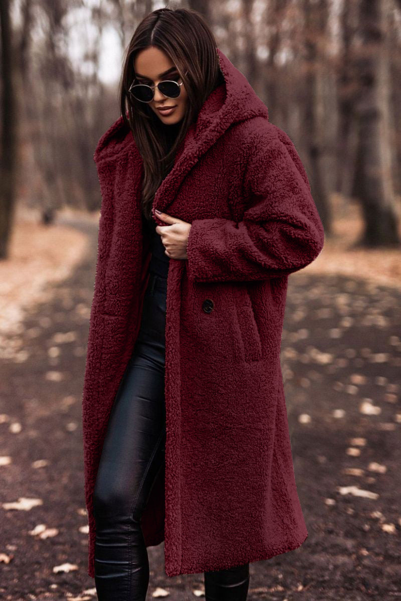 Damen Teddy Wintermantel mit Kapuze und langem Schnitt | A&B - 7 - Annoboutique