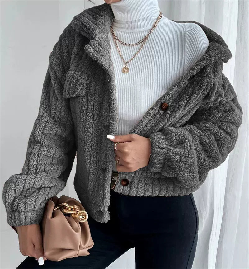 Women's Textured Cropped Jacket with Button Closure - 2 - Rokvane