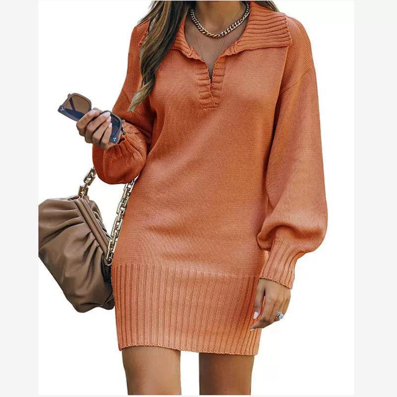 Knitted Mini Dress Women's Long Sleeve with Ribbed Hem - 4 - Rokvane