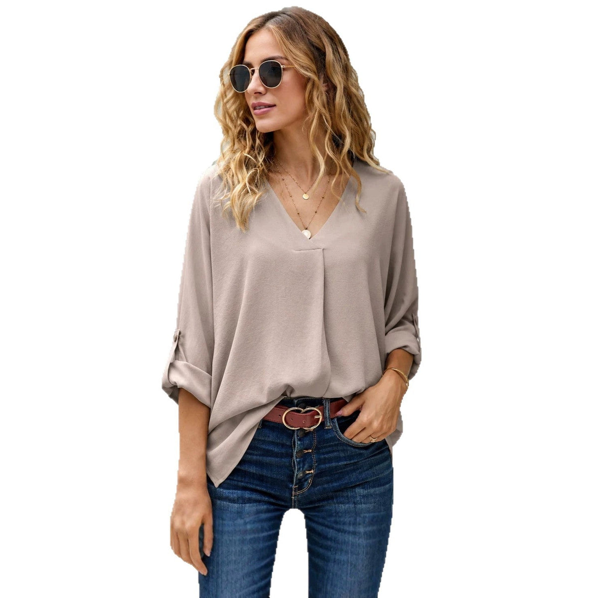 Blouse Women's Casual V-Neck with Roll-Up Sleeves | L&S - 1 - London-stylehouse.com