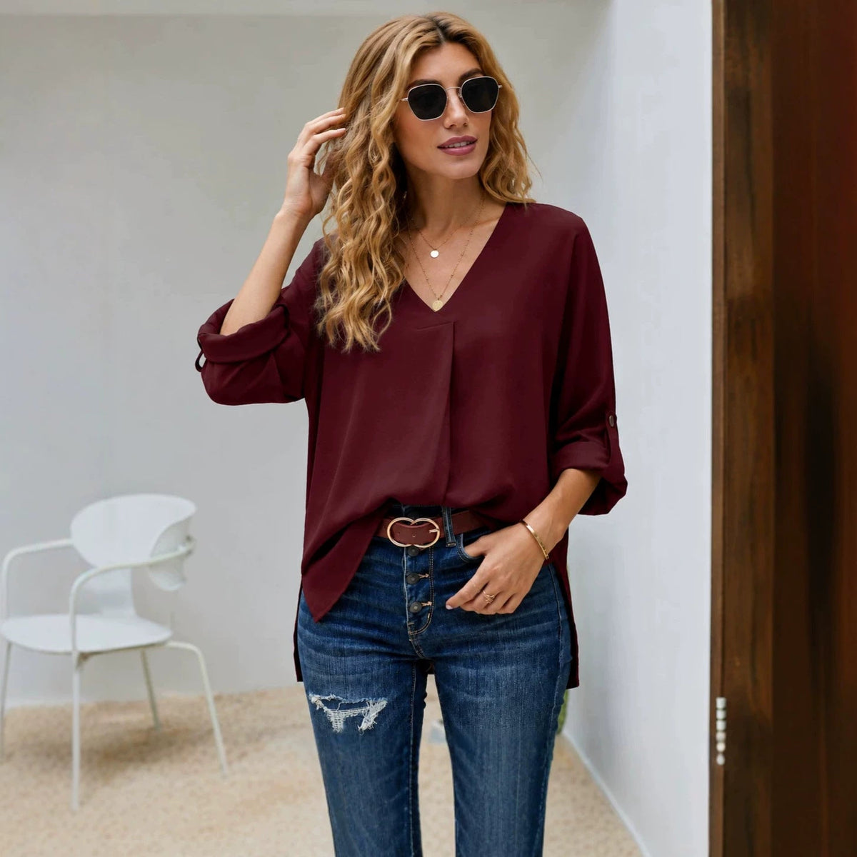 Blouse Women's Casual V-Neck with Roll-Up Sleeves | L&S - 3 - London-stylehouse.com