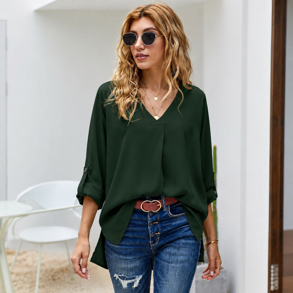 Blouse Women's Casual V-Neck with Roll-Up Sleeves | L&S - 4 - London-stylehouse.com