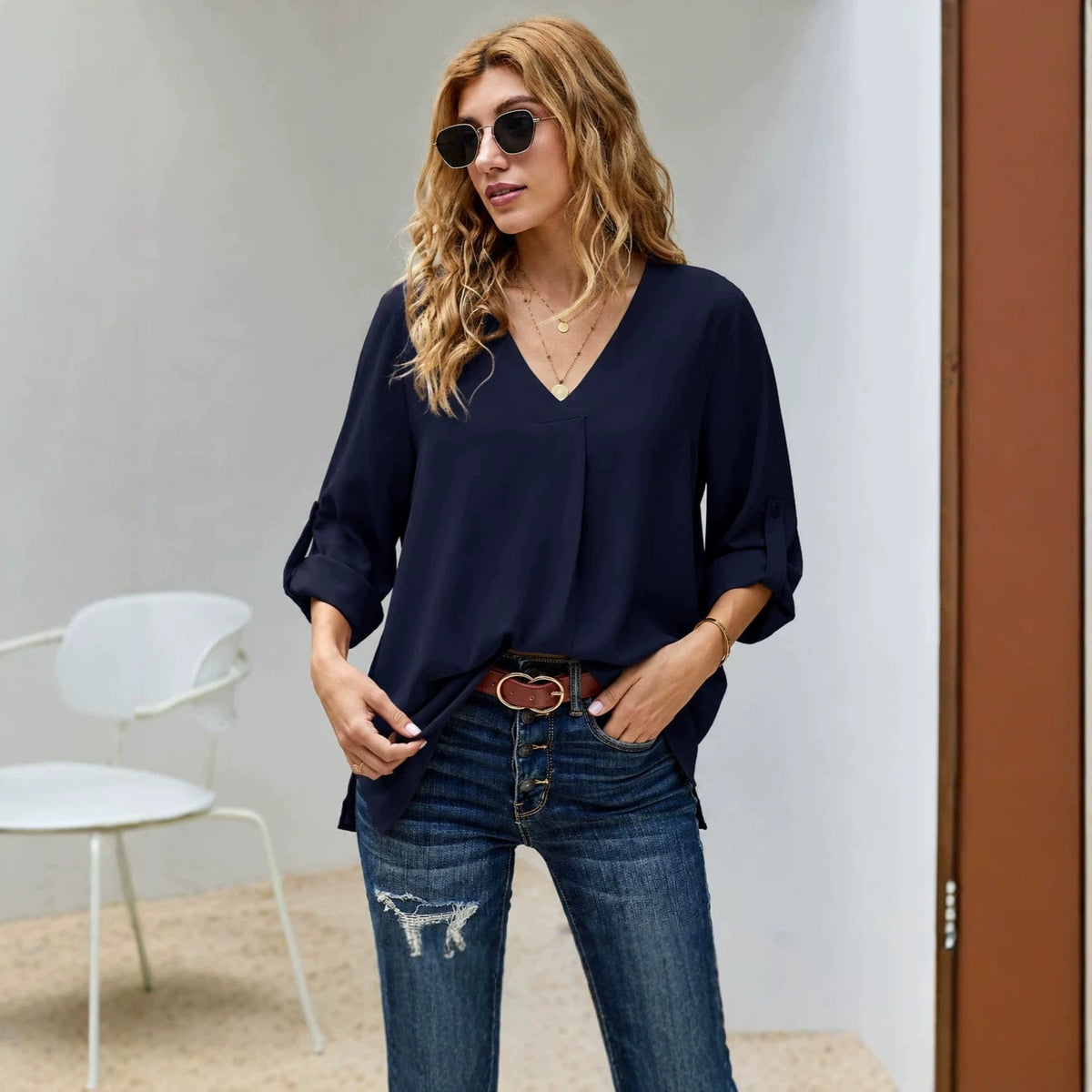 Blouse Women's Casual V-Neck with Roll-Up Sleeves | L&S - 10 - London-stylehouse.com
