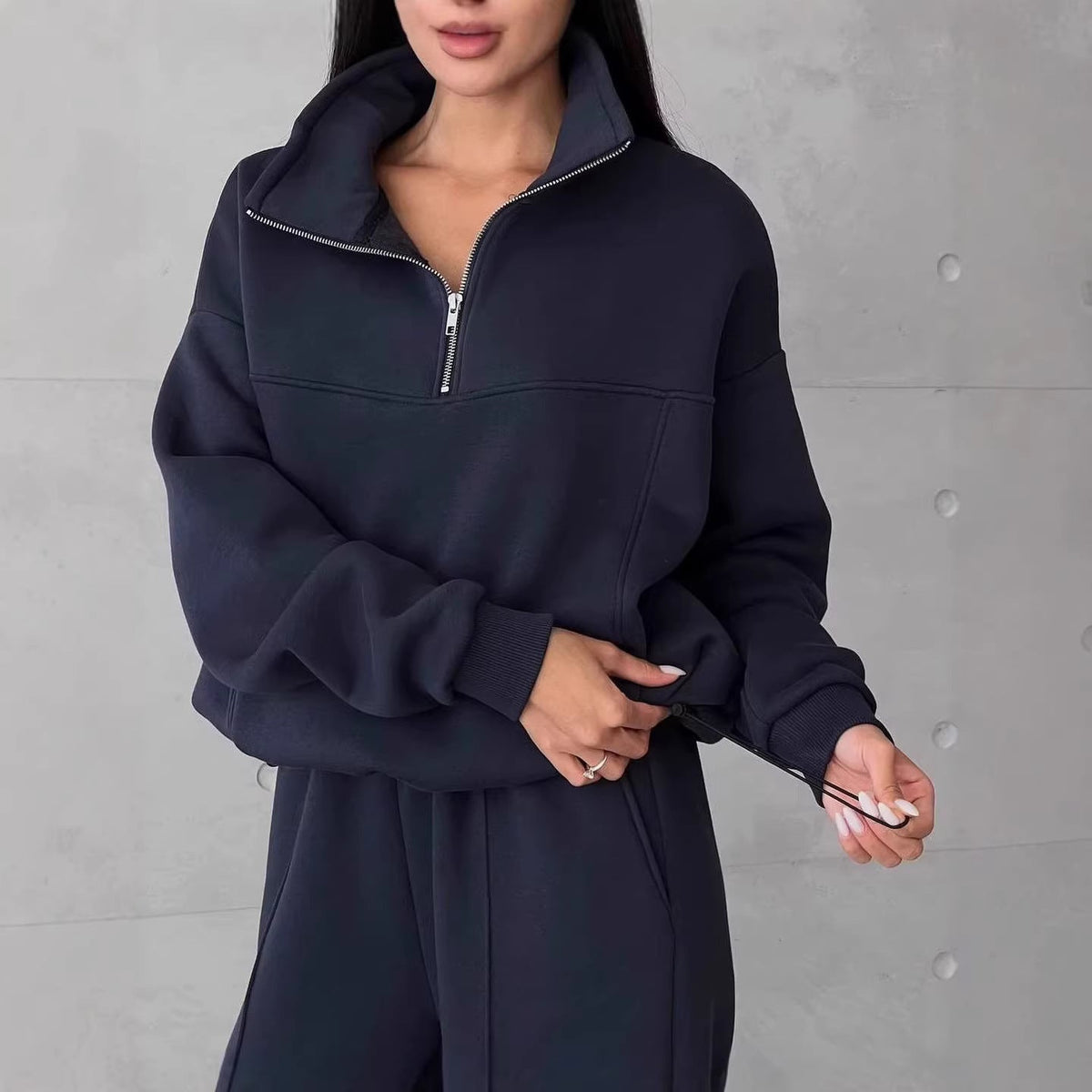 Lounge Set Women's Relaxed Fit with High Collar & Zip | L&S - 1 - London-stylehouse.com