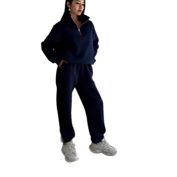 Lounge Set Women's Relaxed Fit with High Collar & Zip | L&S - 2 - London-stylehouse.com