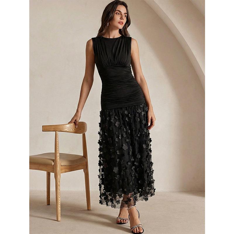Maxi Dress Women's Ruched Bodice with Floral Overlay | L&S - 1 - London-stylehouse.com