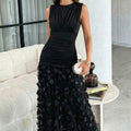 Maxi Dress Women's Ruched Bodice with Floral Overlay | L&S - 2 - London-stylehouse.com