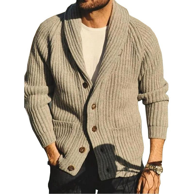 Men's Cardigan with Wide Collar and Button Placket | L&S - 5 - London-stylehouse.com