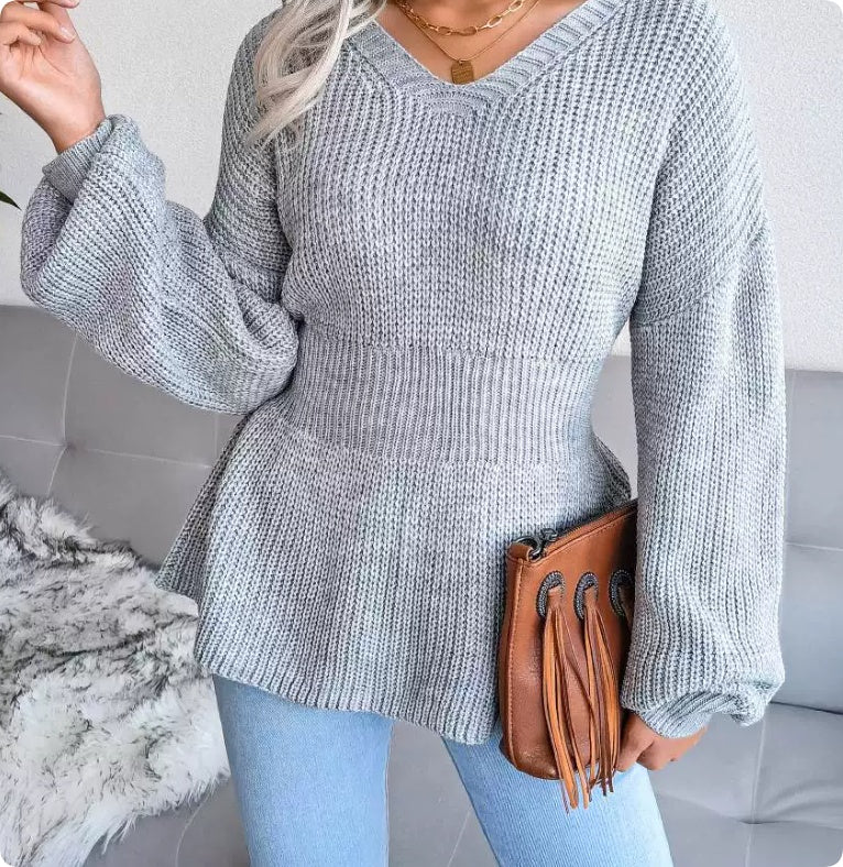 Women's Pullover with V-Neck and Peplum Hem | L&S - 2 - London-stylehouse.com