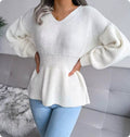 Women's Pullover with V-Neck and Peplum Hem | L&S - 4 - London-stylehouse.com