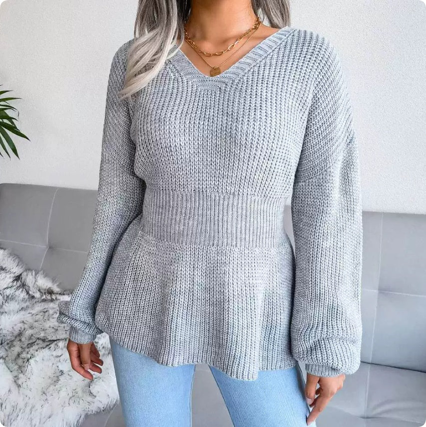 Women's Pullover with V-Neck and Peplum Hem | L&S - 5 - London-stylehouse.com