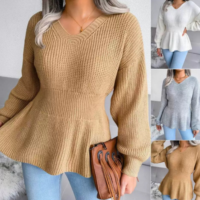 Women's Pullover with V-Neck and Peplum Hem | L&S - 6 - London-stylehouse.com