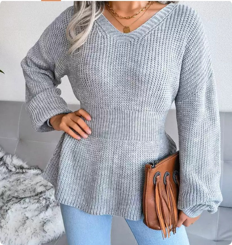 Women's Pullover with V-Neck and Peplum Hem | L&S - 7 - London-stylehouse.com