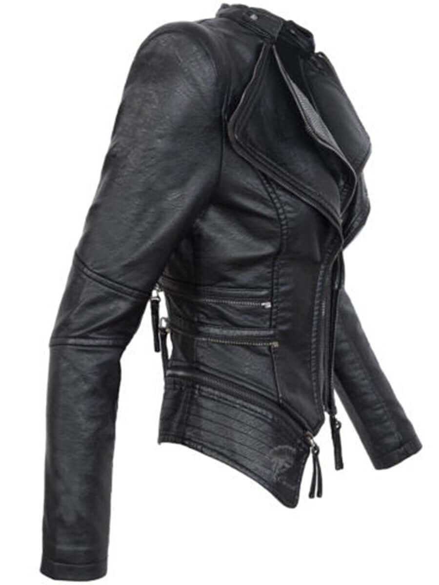 Biker Jacket Women's Tailored Fit with Asymmetrical Zip and Stand Collar | L&S - 2 - London-stylehouse.com
