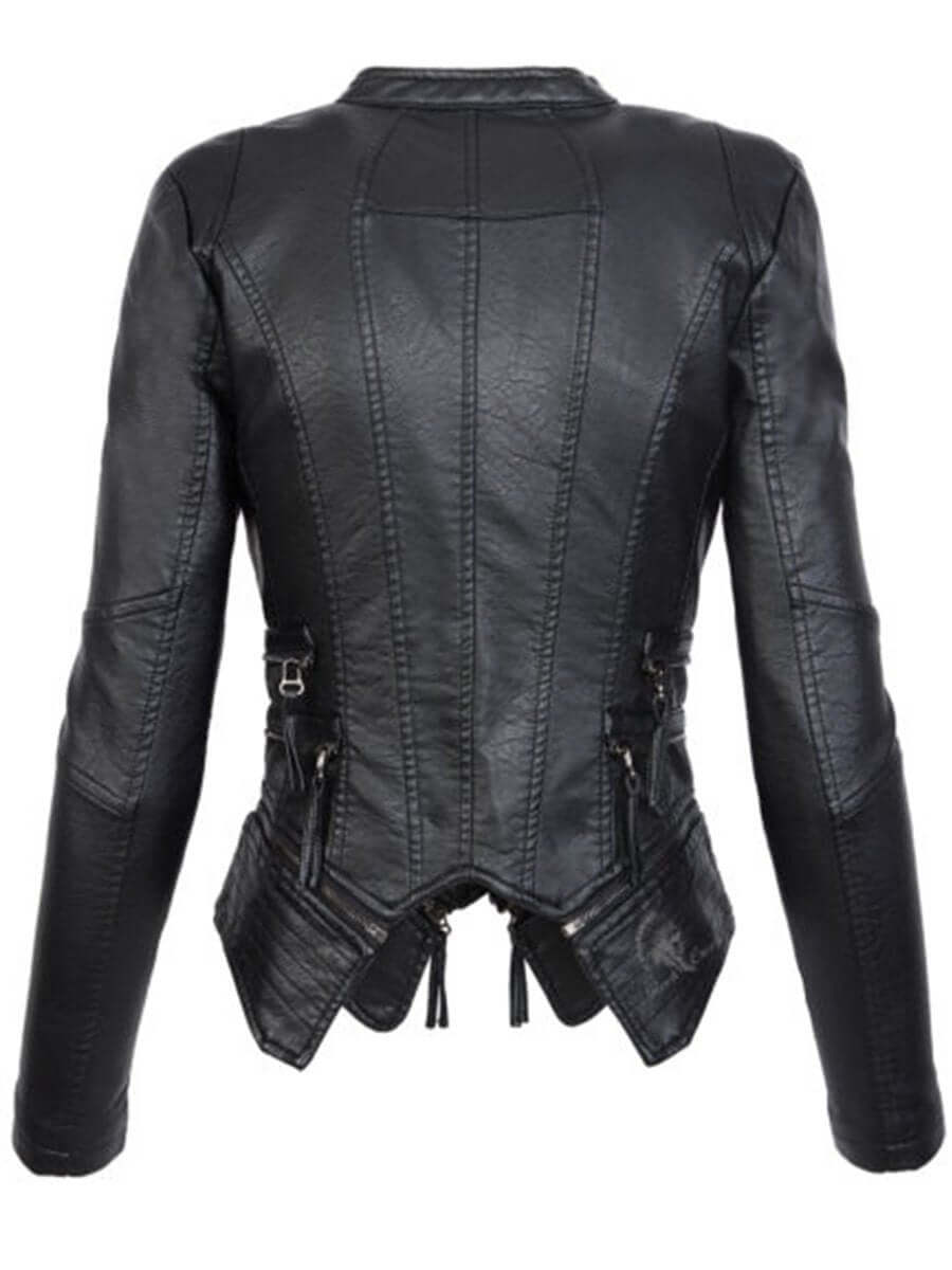 Biker Jacket Women's Tailored Fit with Asymmetrical Zip and Stand Collar | L&S - 3 - London-stylehouse.com