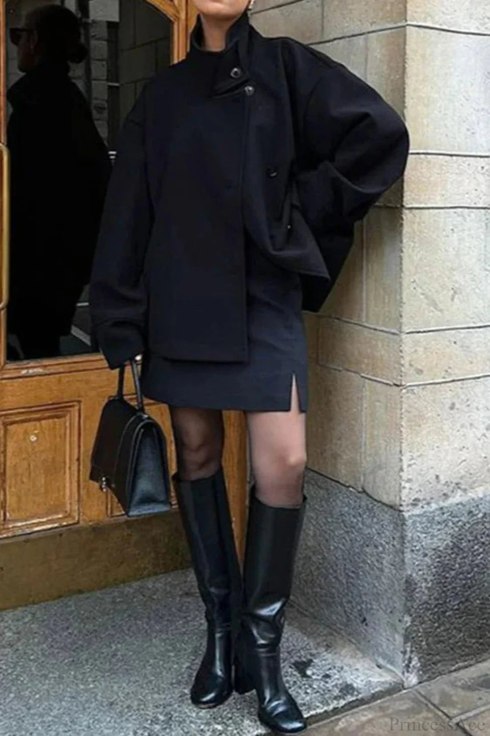 Women's Oversized Jacket with Stand Collar and Button Detail | L&S - 1 - London-stylehouse.com