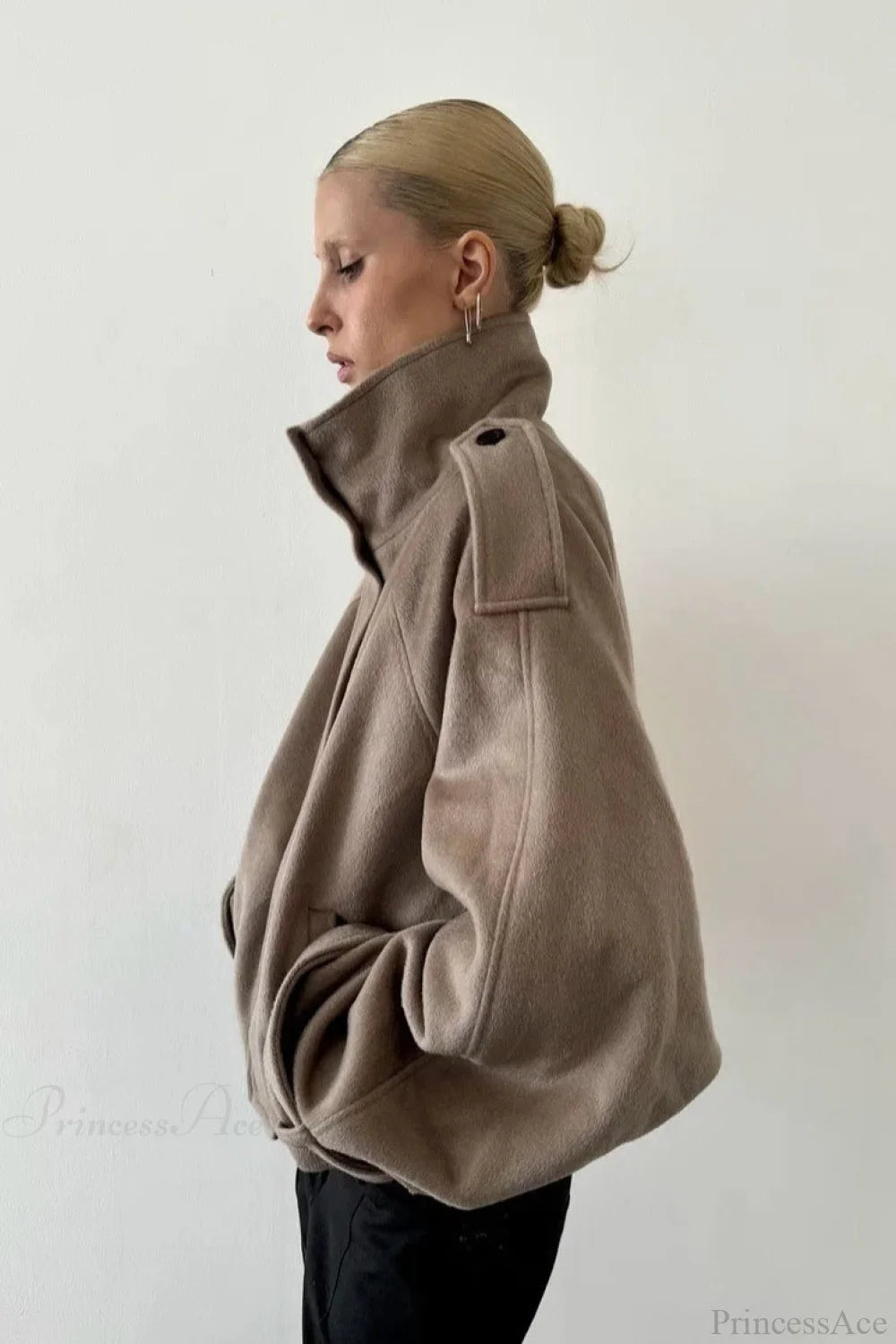 Women's Oversized Jacket with Stand Collar and Button Closure | L&S - 2 - London-stylehouse.com