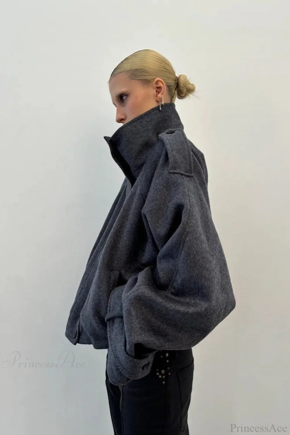 Women's Oversized Jacket with Stand Collar and Button Closure | L&S - 5 - London-stylehouse.com