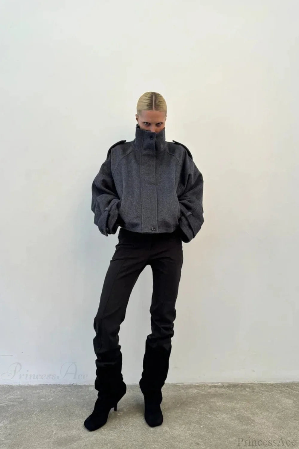 Women's Oversized Jacket with Stand Collar and Button Closure | L&S - 7 - London-stylehouse.com