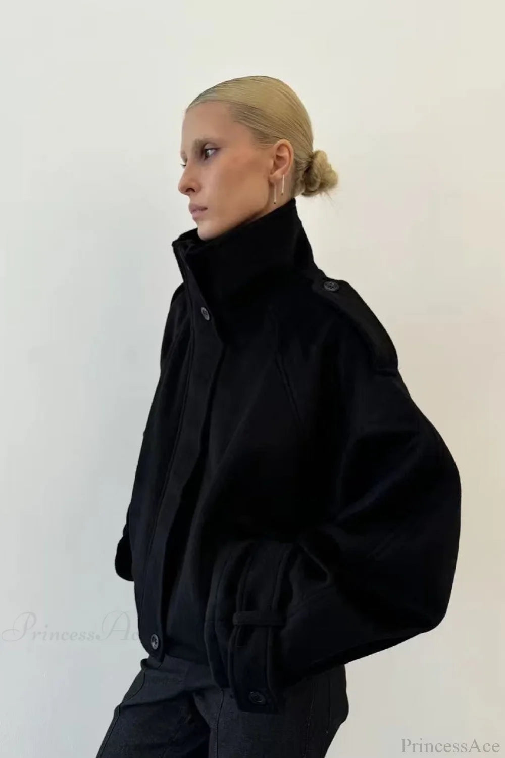 Women's Oversized Jacket with Stand Collar and Button Closure | L&S - 9 - London-stylehouse.com