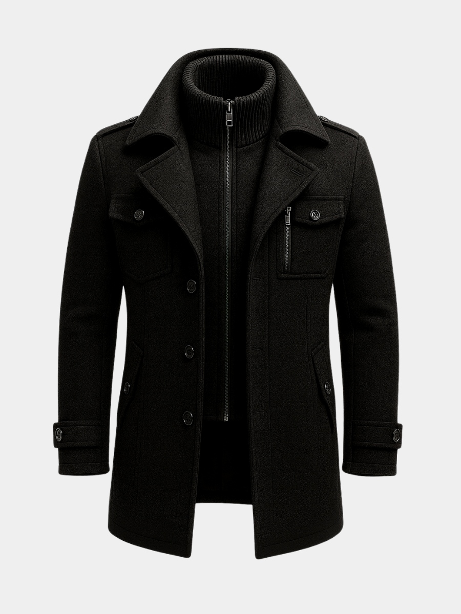 Men's Structured Overcoat with Bold Collar and Button Details | L&S - 4 - London-stylehouse.com