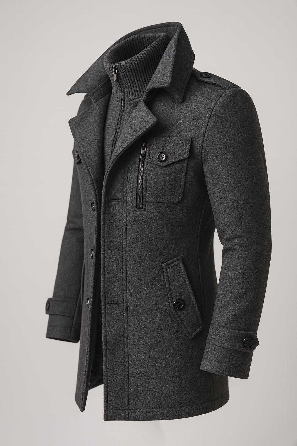 Men's Structured Overcoat with Bold Collar and Button Details | L&S - 5 - London-stylehouse.com