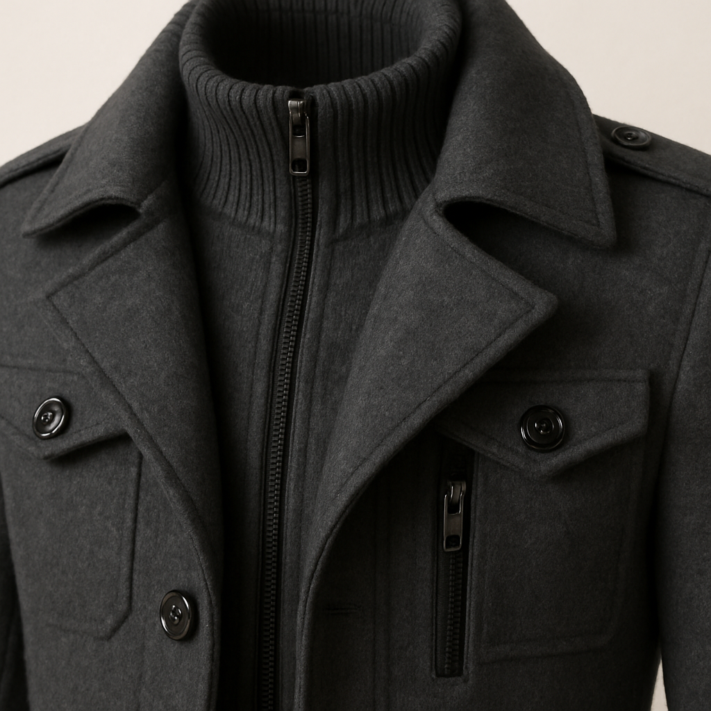 Men's Structured Overcoat with Bold Collar and Button Details | L&S - 7 - London-stylehouse.com