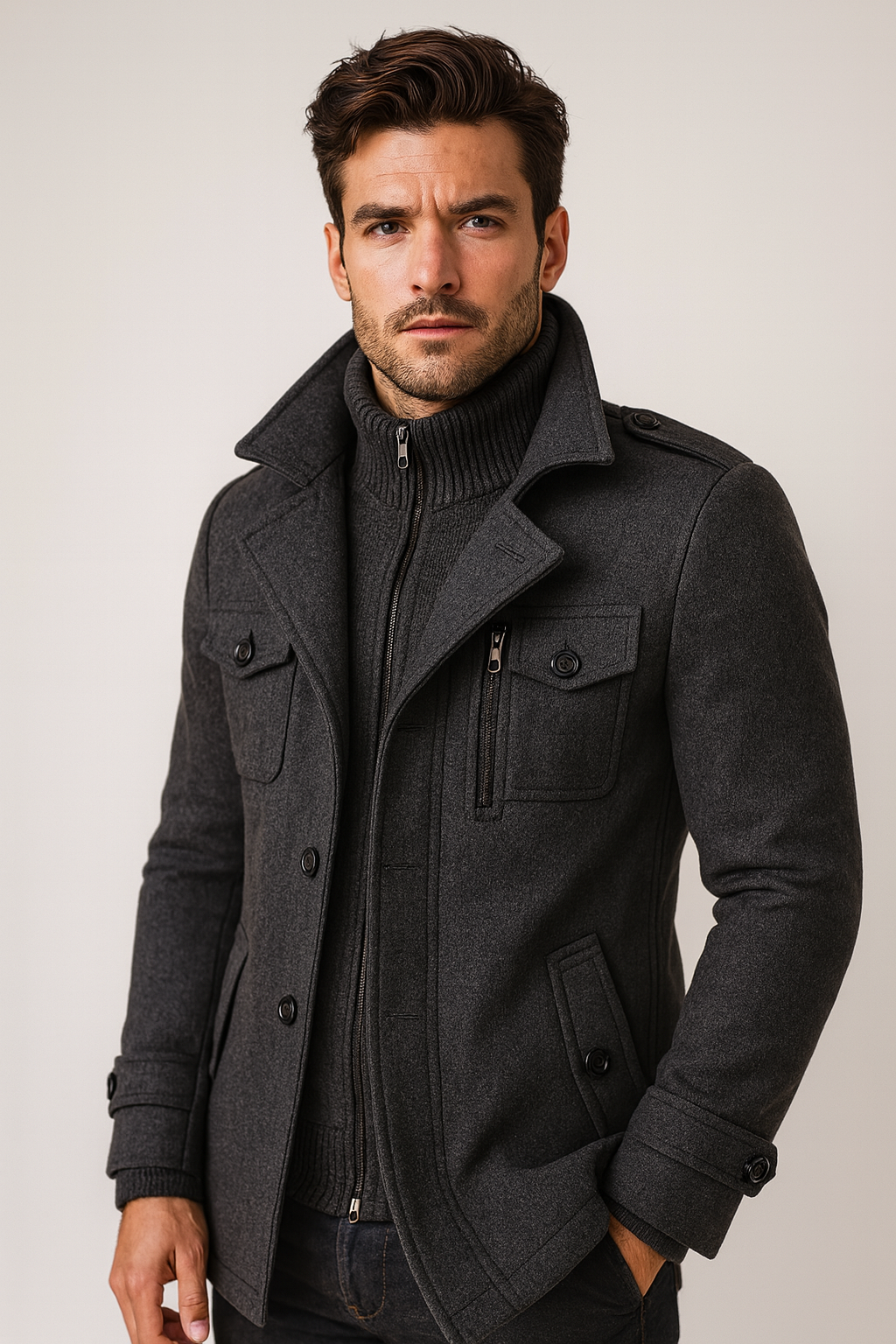 Men's Structured Overcoat with Bold Collar and Button Details | L&S - 9 - London-stylehouse.com