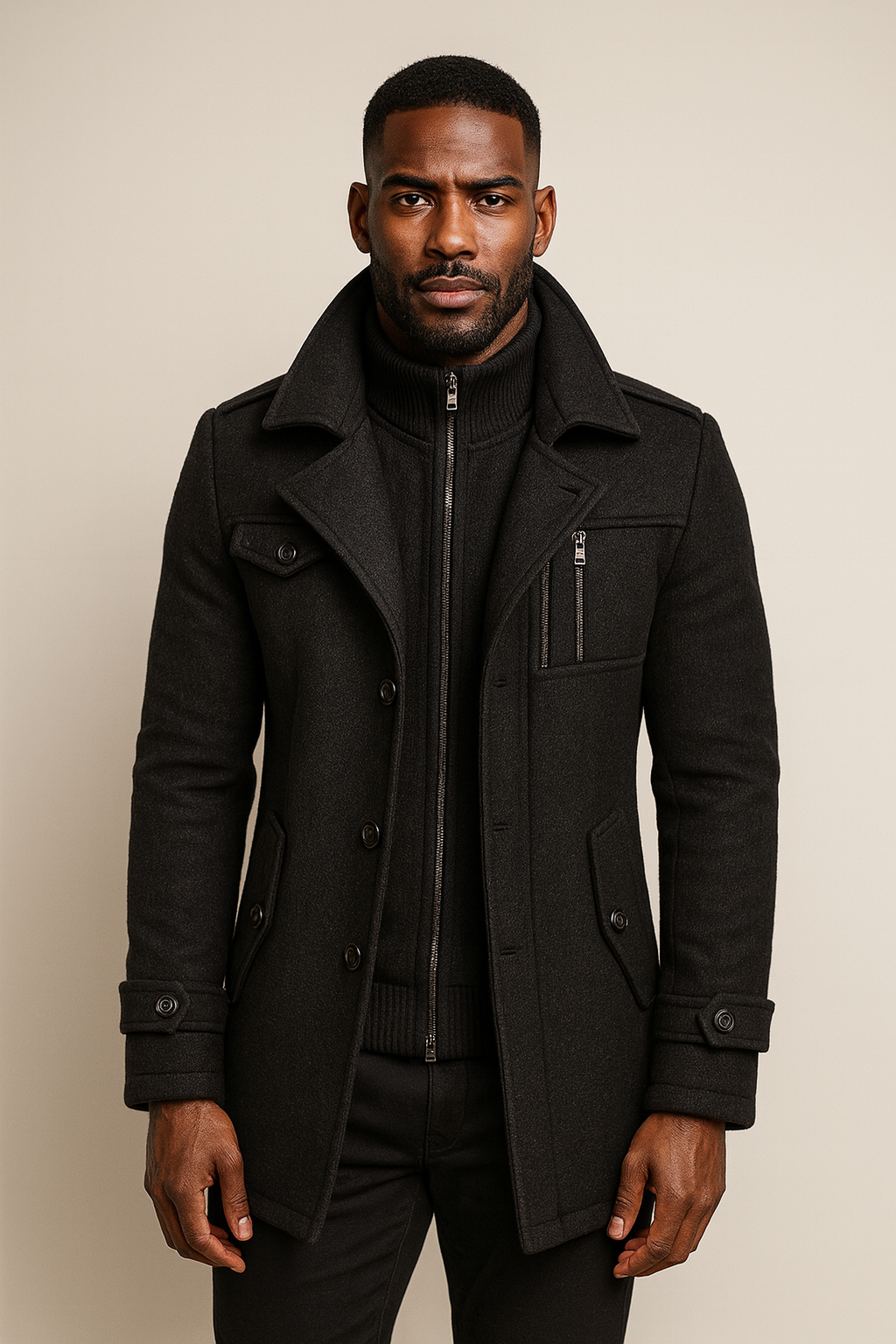Men's Structured Overcoat with Bold Collar and Button Details | L&S - 10 - London-stylehouse.com