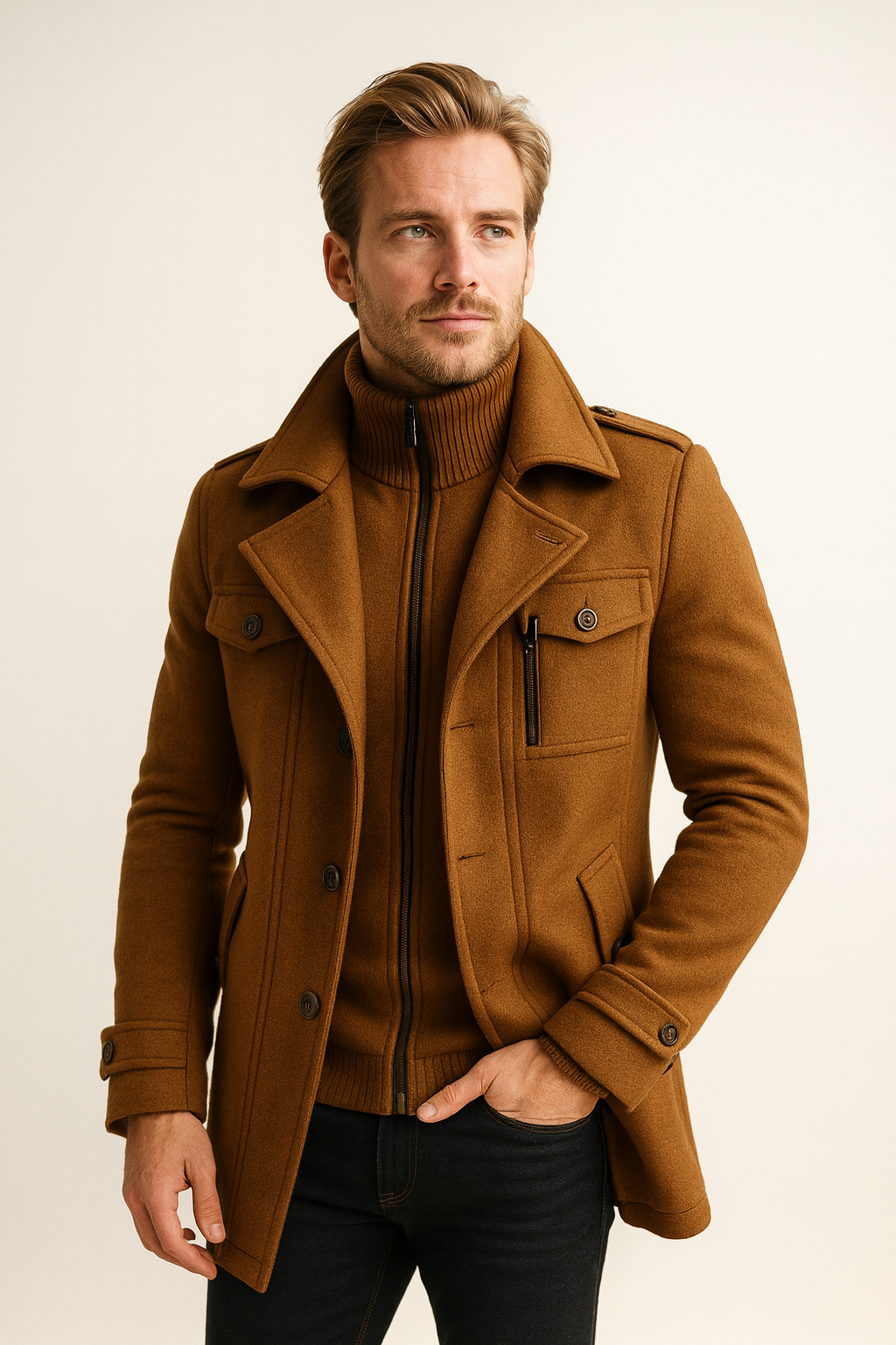 Men's Structured Overcoat with Bold Collar and Button Details | L&S - 11 - London-stylehouse.com