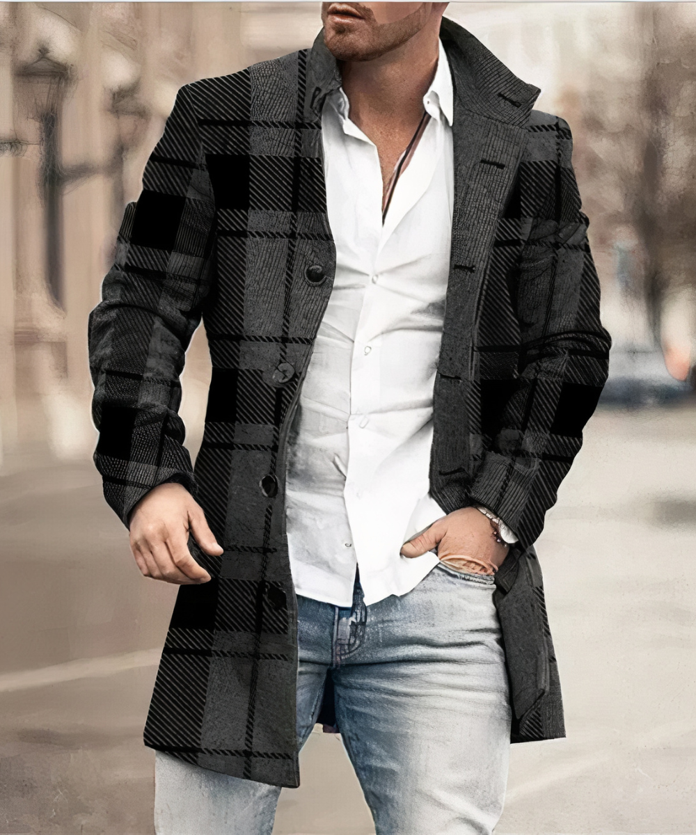 Coat Men's Tailored Fit with Stand Collar & Check Pattern | L&S - 2 - London-stylehouse.com