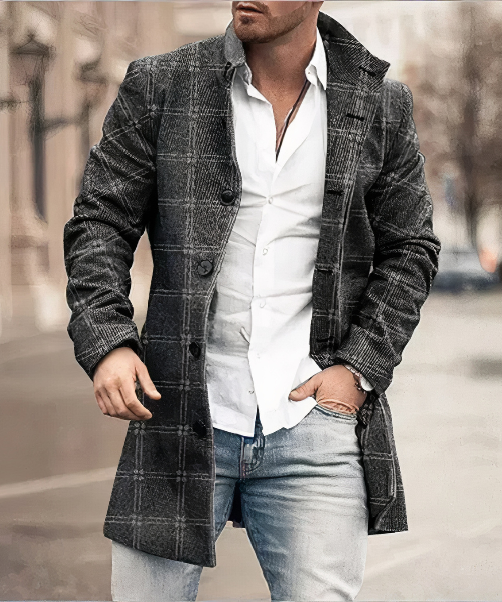 Coat Men's Tailored Fit with Stand Collar & Check Pattern | L&S - 3 - London-stylehouse.com