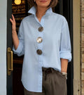 Blouse Women's Relaxed Fit with Stand Collar & Statement Buttons | L&S - 1 - London-stylehouse.com