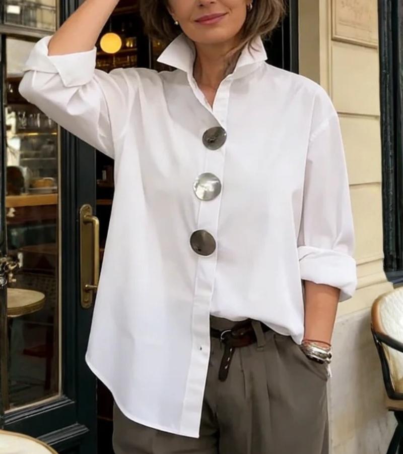 Blouse Women's Relaxed Fit with Stand Collar & Statement Buttons | L&S - 2 - London-stylehouse.com