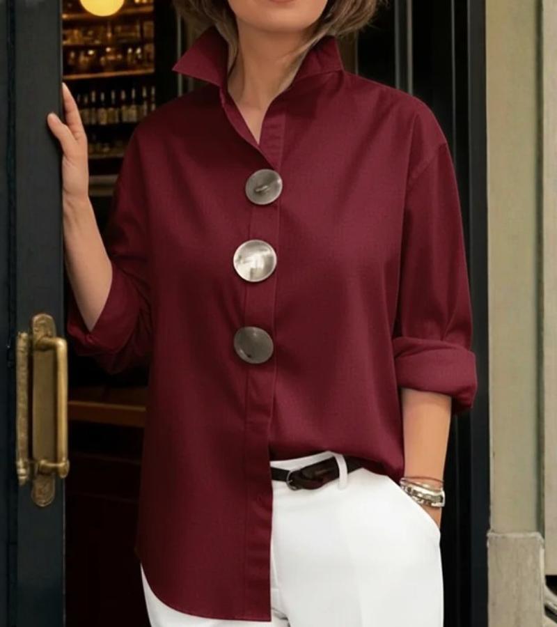 Blouse Women's Relaxed Fit with Stand Collar & Statement Buttons | L&S - 3 - London-stylehouse.com