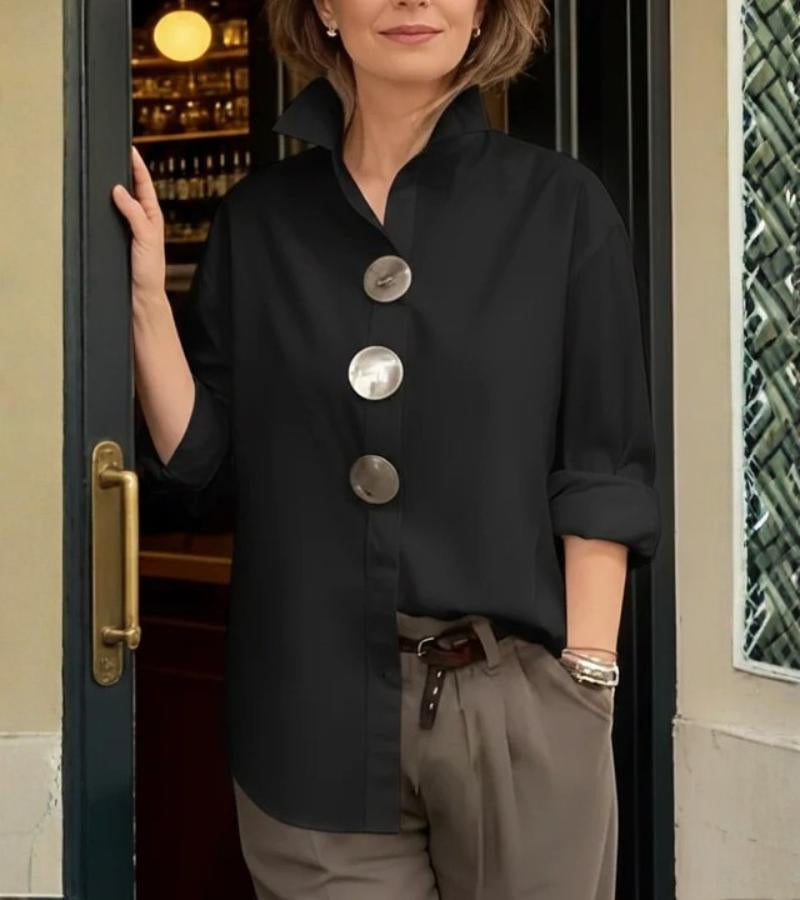 Blouse Women's Relaxed Fit with Stand Collar & Statement Buttons | L&S - 4 - London-stylehouse.com