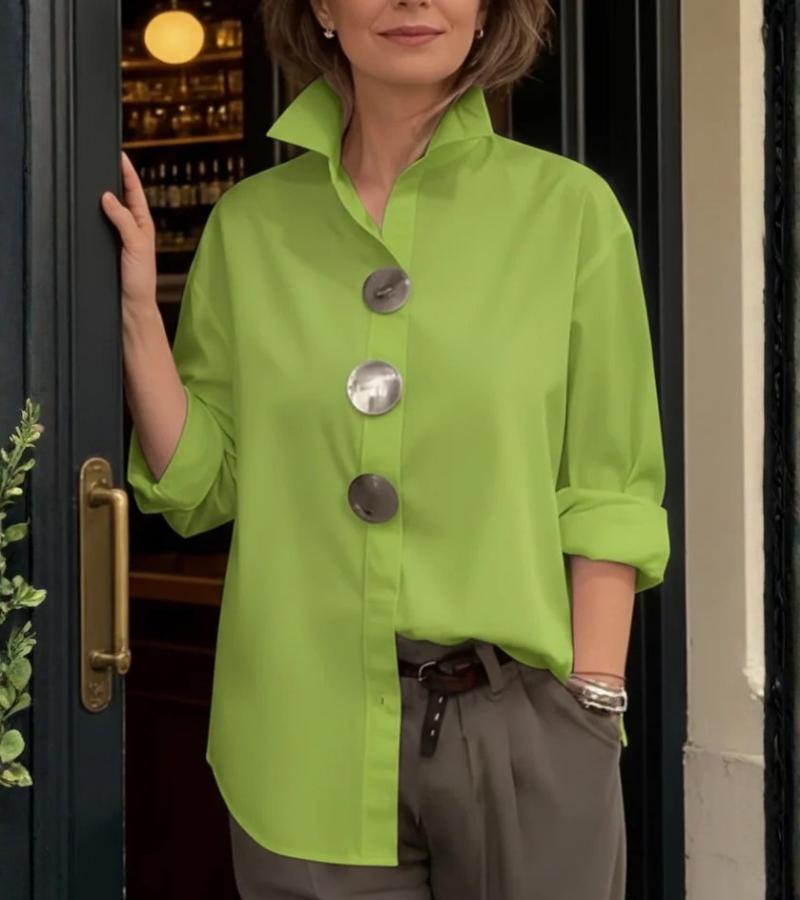Blouse Women's Relaxed Fit with Stand Collar & Statement Buttons | L&S - 5 - London-stylehouse.com