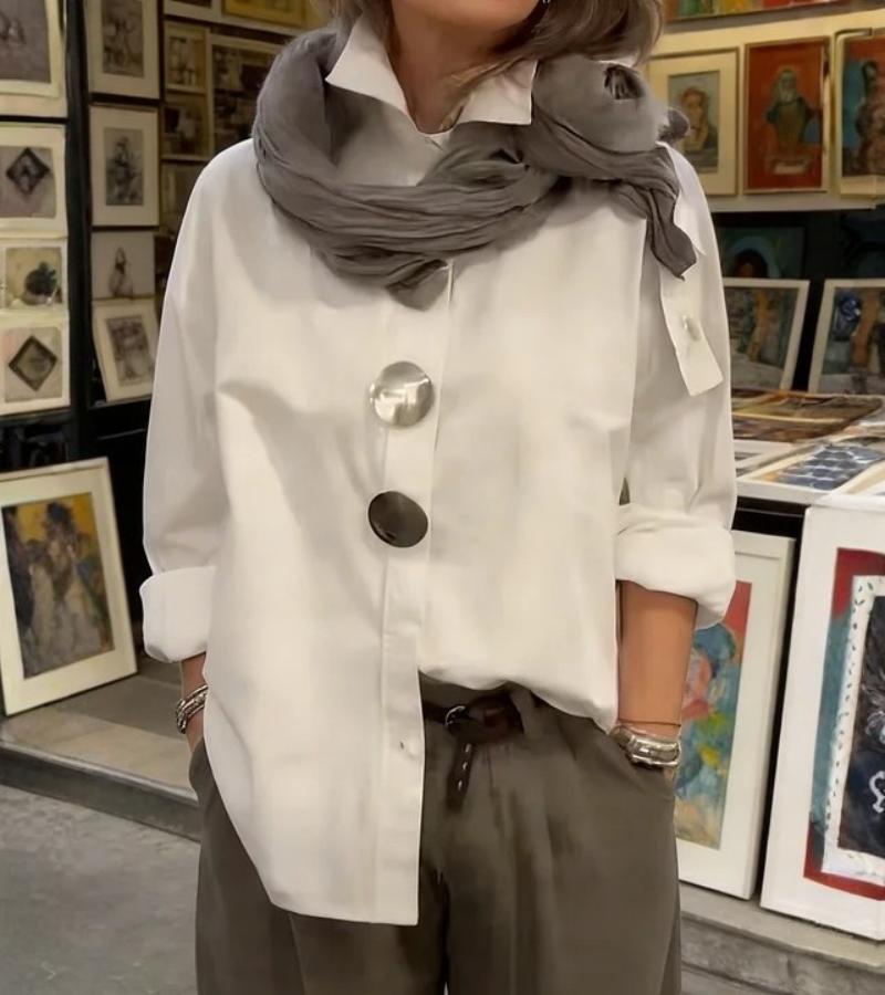 Blouse Women's Relaxed Fit with Stand Collar & Statement Buttons | L&S - 7 - London-stylehouse.com