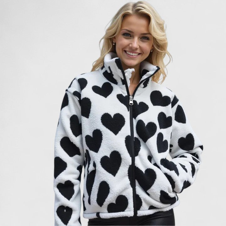 Women's Heart Print Jacket with High Collar and Zip Closure | L&S - 1 - London-stylehouse.com